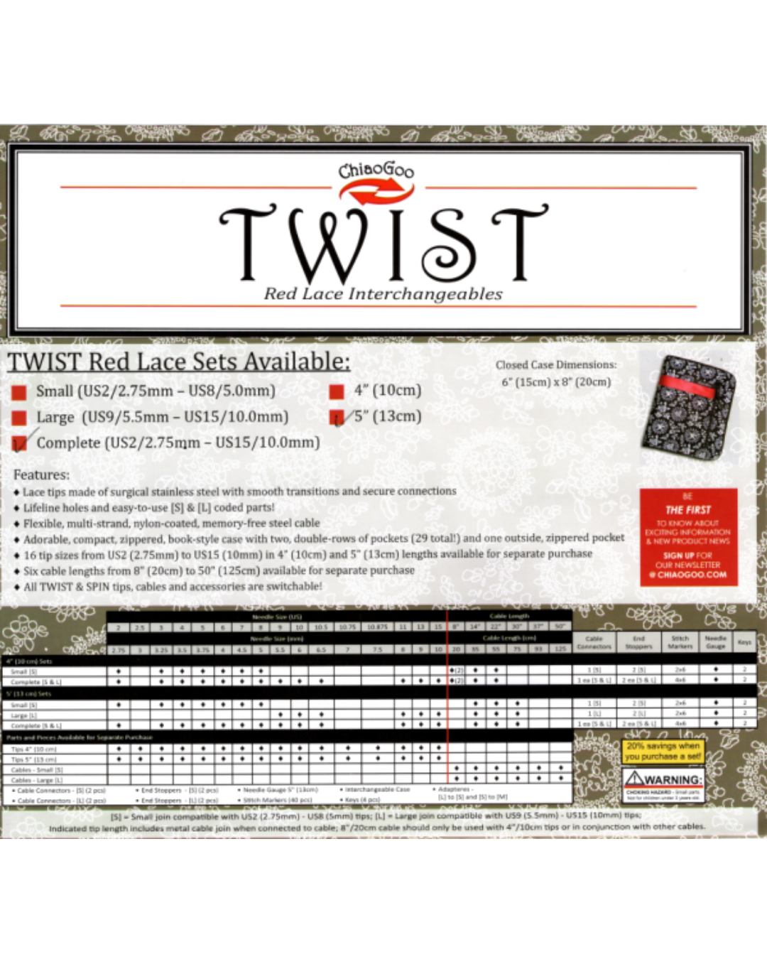 ChiaoGoo Twist Red Lace Stainless Steel Interchangeable Knitting Needle Sets